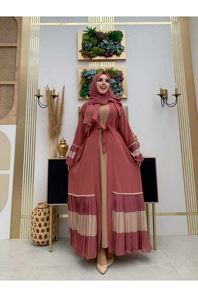 Bym Fashion Μανίκι και φούστα δίχρωμη μέση με πλισέ Abaya 7454 ξηρό τριαντάφυλλο