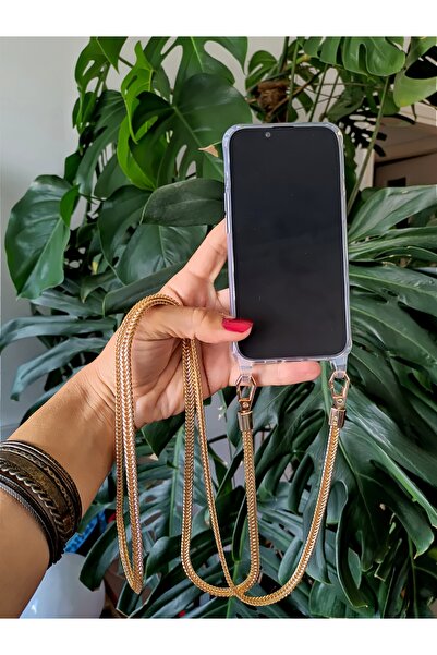 iPhone 15 PROMAX Uyumlu Çapraz Takılan Gold Zincir Telefon Askısı