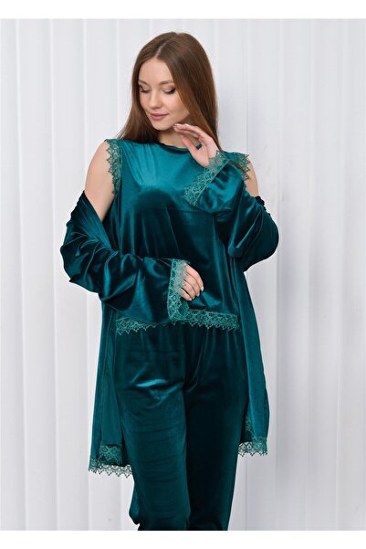 Nuseel طقم ثوب نوم نسائي مخملي مكون من 3 قطع زمردي