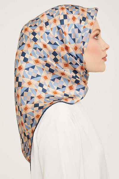 Armine Blue Patterned Twill Silk Scarf 9045-03