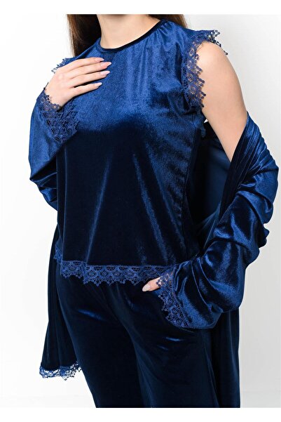 Nuseel Kadın Kadife 3'lü Gecelik Takım Lacivert