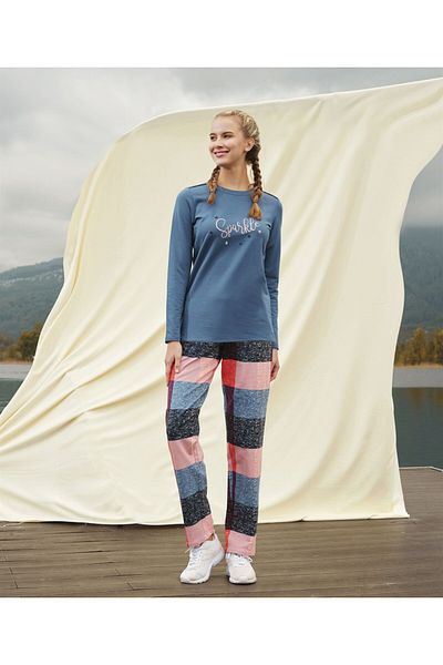 Doreanse Set de pijamale tricou cu mânecă lungă, imprimat cu text, pentru femei 4113