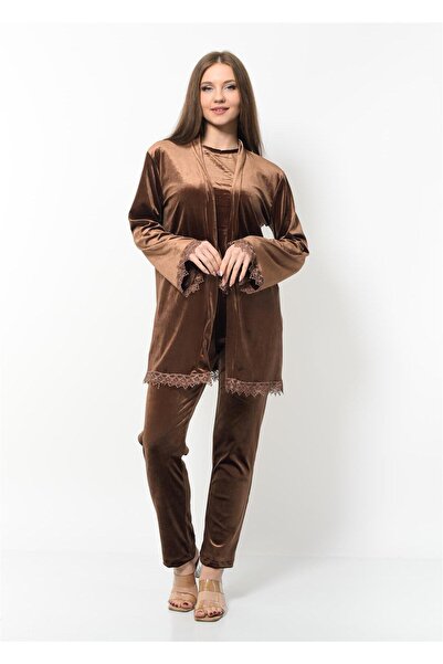 Nuseel Γυναικείο βελούδινο σετ νυχτικό 3 τεμαχίων καφέ