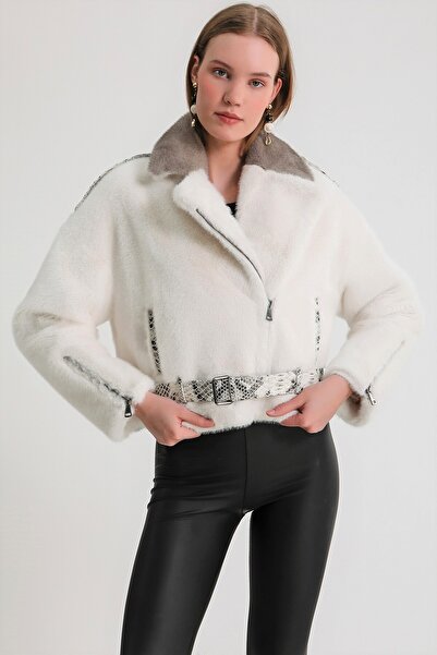 Leather Club Beyaz Deri Baskılı Ceket