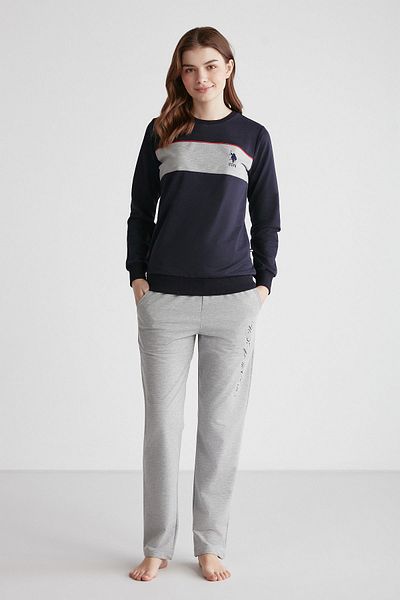 U.S. Polo Assn. US Polo Assn. 16941 Set de pijamale cu mânecă lungă, albastru bleumarin pentru femei, cu gât rotund, albastru bleumarin