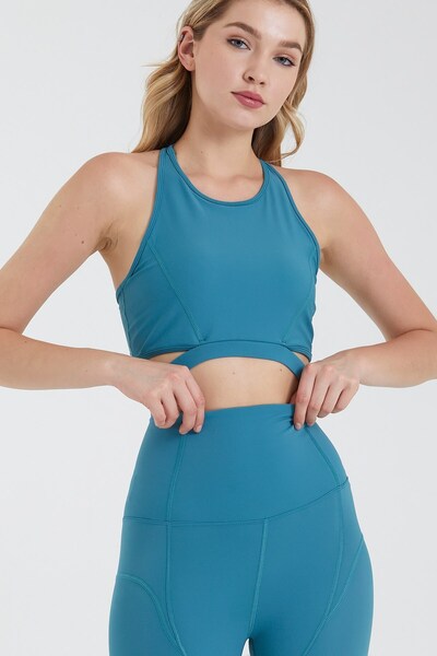 GRAB Turquoise High Collar Gathering Sports Bra