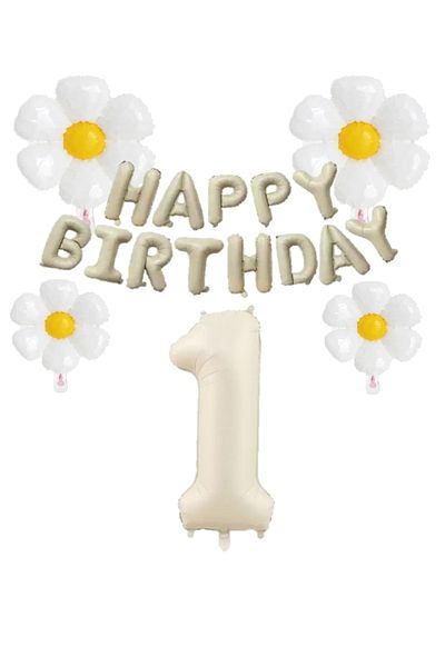 BEST PARTİ DOĞUM GÜNÜ PARTİ SÜSLERİ Beige Color Happy Birthday Set number and Daisy Foil Balloon Set Age 1