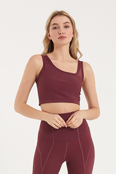 GRAB Burgundy Shoulder Tulle Detailed Sports Bra