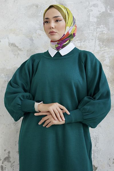 InStyle Rochie din Tricotaj Mina Maneca Balon - Verde Petrol