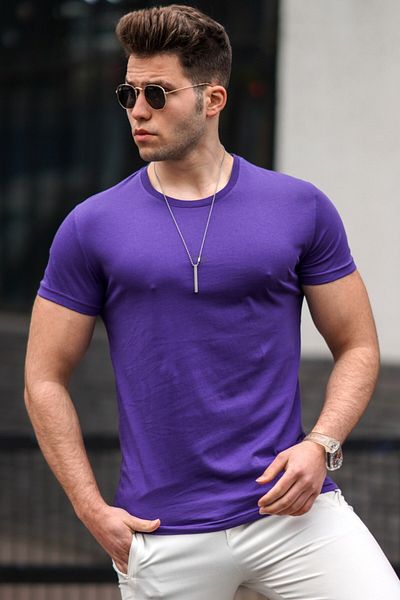 Madmext Basic T-Shirt mit Rundhalsausschnitt Lila 3006
