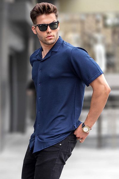 Madmext Men s Navy Blue Short Sleeve Shirt 5500