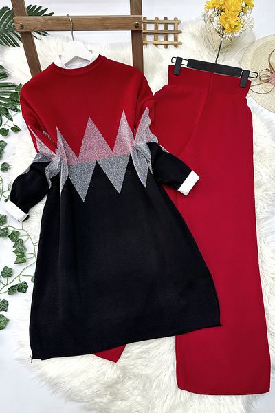 MODAQU Zigzag Knitwear Tunic Trousers Set - Red