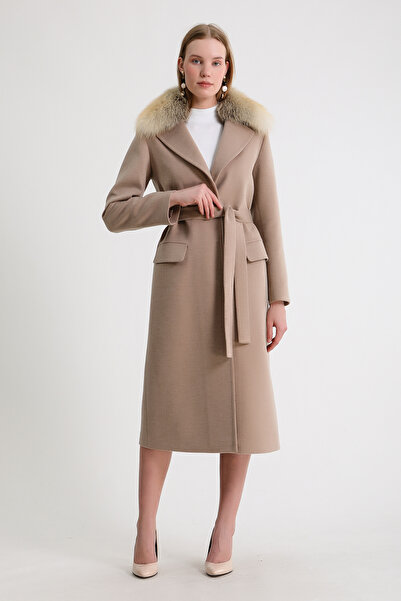 Leather Club Bej Gold Kürk Aksesuarlı Kaşmir Kaban