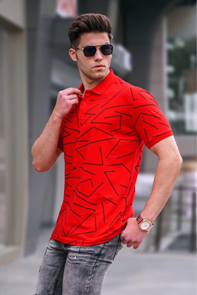 Madmext تي شيرت رجالي منقوش باللون الأحمر بياقة بولو 5817