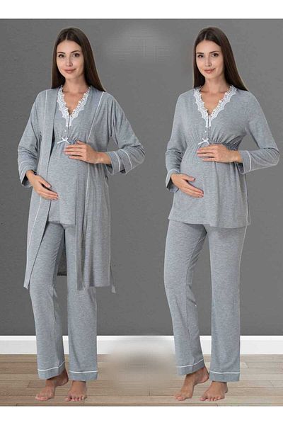 Lohussa Women's Gray Design Lacy Cotton Maternity Maternity Dressing Gown Pajamas Set 3 Pieces