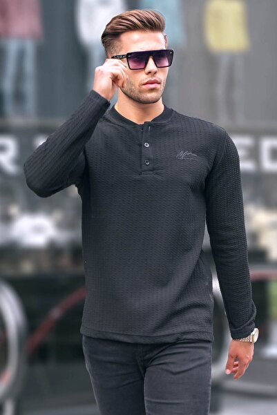 Madmext Black Waffle Fabric Basic Sweater 6007