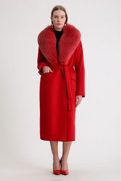 Leather Club Red Fox Fur Accessory Cashmere Coat