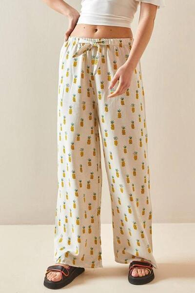 Madmext Desenli Sarı Bol Paça Keten Pantolon Mg1846