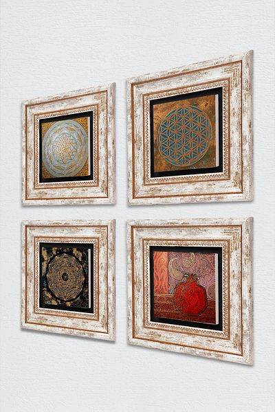 Pinecone Floarea vieții, Sri Yantra, pictură pe perete cu piatră de rodie, decor de perete înrămat, set de picturi 4 piese Tk4-555
