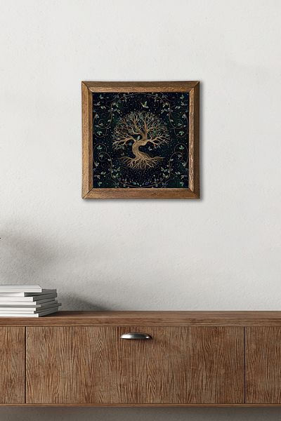 Pinecone Δέντρο της Ζωής Πέτρινη Ζωγραφική Τοίχου με Ξύλινο Πλαίσιο Διακόσμηση Τοίχου Τέχνη τοίχου 25x25cm W1-141