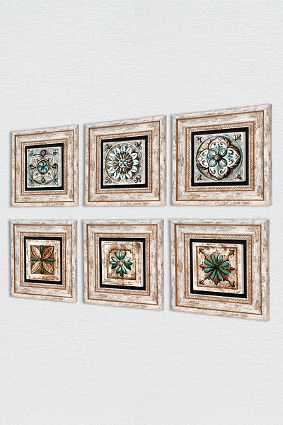Pinecone Μαροκινό μοτίβο Vintage, Πλακάκι Τέχνης Πέτρινη Ζωγραφική Τοίχων Κορνίζα Διακόσμηση Τοίχου Σετ 6 Ζωγραφικής Τέχνης Τοίχου