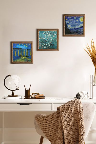 Pinecone Van Gogh Râul Râ, Noaptea înstelată, Pictură pe perete de piatră de migdală Decor de perete cu rame din lemn