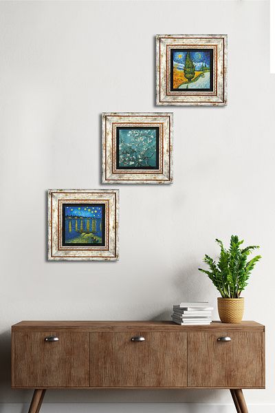 Pinecone Van Gogh Stone Wall Painting Framed Wall Decor 3 Piece Painting Set Wall Art Tk3-584