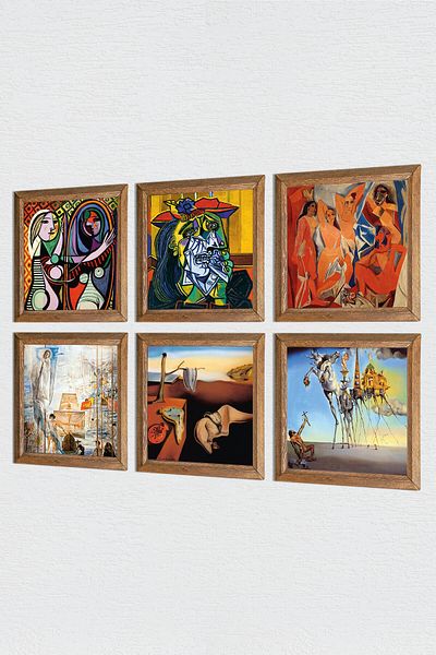 Pinecone Picasso, Salvador Dali Stone Wall Painting with Wooden Frame Wall Decor 6 Piece Painting Set Wall Art