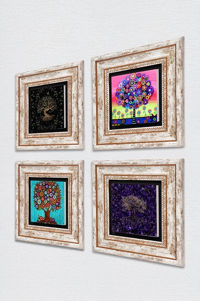 Pinecone Arborele vieții Pictură pe perete cu piatră Decor de perete înrămat Set de pictură 4 piese Artă de perete Tk4-1093
