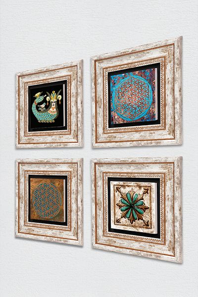 Pinecone Flower of Life, Shahmeran, Moroccan Pattern Vintage Stone Wall Painting Framed Wall Decor Set of 4 Painting