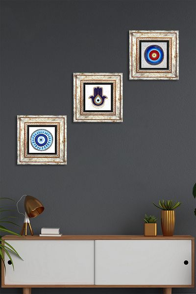 Pinecone Fatma Mother Hand (Hamsa), Nazar Stone Wall Painting Framed Wall Decor 3 Piece Painting Set Tk3-1831