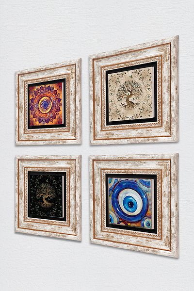 Pinecone Evil Eye, Mandala, Tree of Life Stone Wall Painting Framed Wall Decor 4 Piece Painting Set Tk4-1578