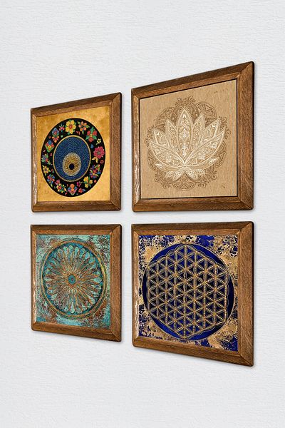 Pinecone Lotus Flower, Flower of Life, Evil Eye Stone Wall Painting with Wooden Frame Wall Decor 4-Piece Painting W4-807