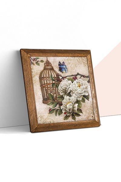 Pinecone Butterfly Flower Stone Wall Painting Wooden Framed Wall Decor Wall Art 25X25Cm W1-12