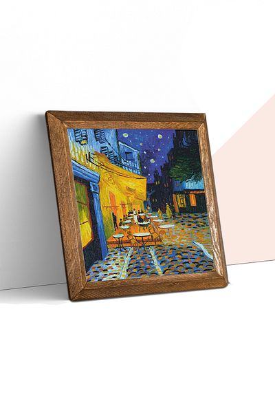 Pinecone Vincent Van Gogh Café Night on the Terrace Stone Wall Painting Wood Framed Wall Decor Wall Art 25x25cm