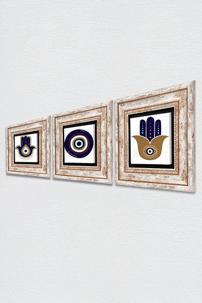 Pinecone Fatma Ana Hand (HAMSA), Pictură pe perete cu piatră Nazar Decor de perete înrămat Set de pictură 3 piese Tk3-1725