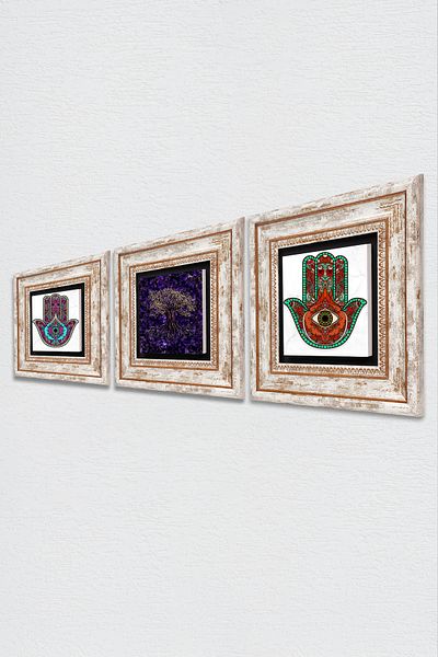 Pinecone Tree of Life, Fatma Mother Hand (Hamsa) Stone Wall Painting Framed Wall Decor Set of 3 Painting Tk3-1874