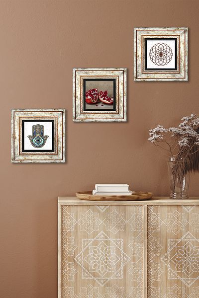 Pinecone Flower of Life, Pomegranate, Fatma Mother Hand (Hamsa) Stone Wall Painting Framed Wall Decor Set of 3 Tk3-743