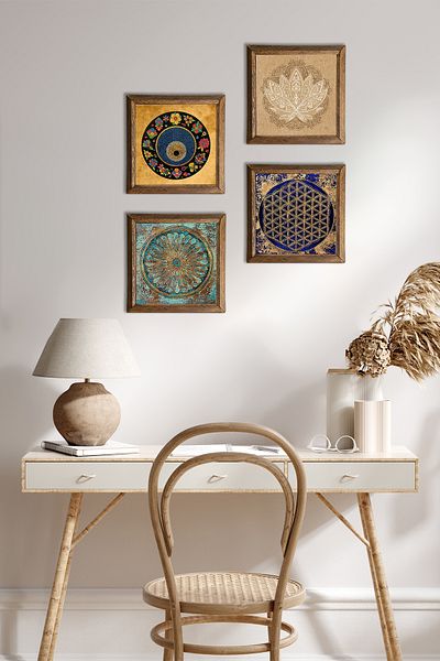 Pinecone Lotus Flower, Flower of Life, Evil Eye Stone Wall Painting with Wooden Frame Wall Decor 4-Piece Painting W4-807