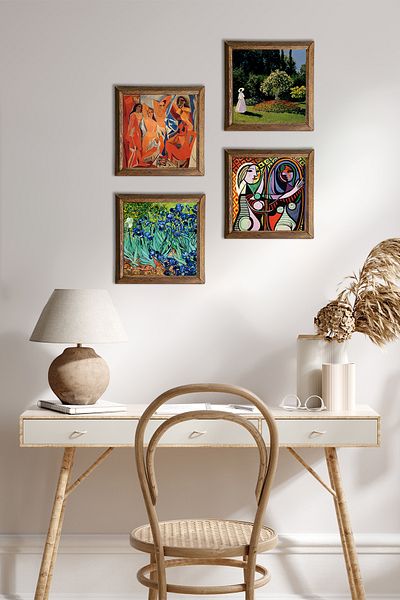 Pinecone Picasso, Monet, Van Gogh Stone Wall Painting with Wood Frame Wall Decor 4 Piece Painting Set W4-946