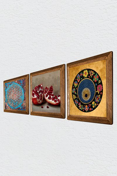 Pinecone Flower of Life, Evil Eye Bead, Pomegranate Stone Wall Painting Wood Framed Wall Decor Painting Set W3-1609