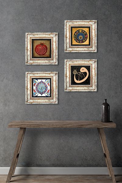 Pinecone Vav, Evil Eye, Rugăciune de binecuvântare, Artă din țiglă Pictură pe perete cu cadru Decor de perete Set 4 piese Artă de perete