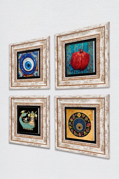 Pinecone Evil Eye, Shahmeran, Pomegranate Stone Wall Painting Framed Wall Decor 4 Piece Painting Set Wall Art Tk4-1204
