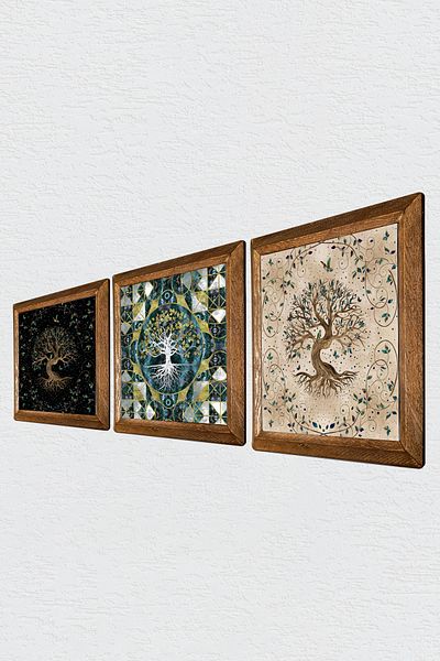 Pinecone Arborele vieții Pictură pe perete din piatră Decor de perete cu rame din lemn Set de pictură din 3 piese Wall Art W3-200