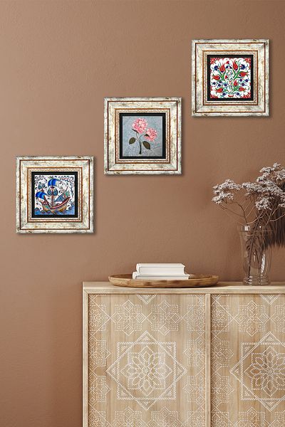 Pinecone Tile Art Tulip, Sailing Ship, Pink Hydrangea Flower Stone Wall Painting Framed Wall Decor