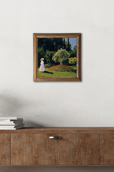 Pinecone Claude Monet Woman in the Garden Stone Wall Painting with Wooden Frame Wall Decor Wall Art 25X25Cm