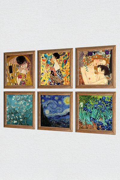 Pinecone Gustav Klimt, Van Gogh Stone Wall Painting with Wooden Frame Wall Decor 6 Piece Painting Set Wall Art