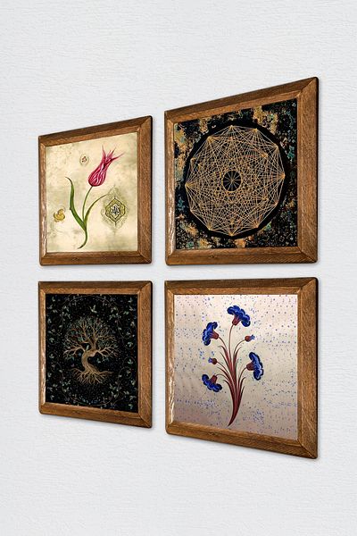 Pinecone Marbling Art, Evil Eye, Peacock Stone Wall Painting Wooden Framed Wall Decor Set of 4 Paintings