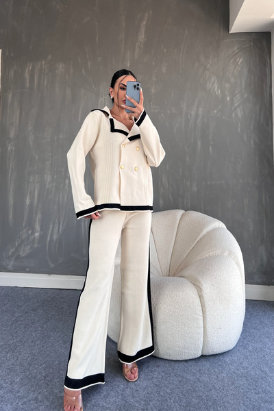 sarabutik بدلة تريكو علوية وسفلية برقبة مزدوجة الصدر (مقاس قياسي S/M/L/XL متو...