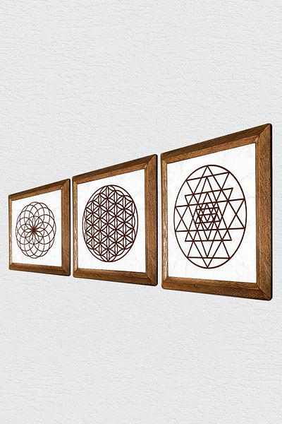 Pinecone Floarea vieții, Sri Yantra Pictură pe perete din piatră Decor de perete cu rame din lemn Set de pictură din 3 piese Artă de perete